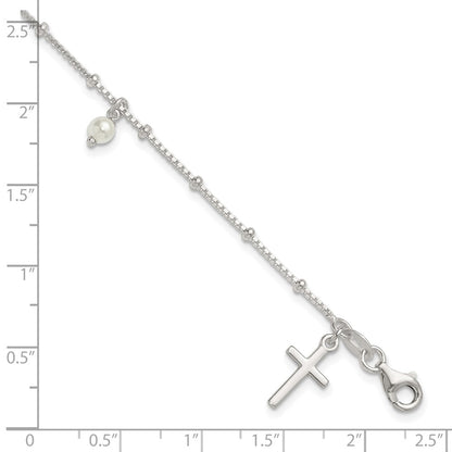 Sterling Silver Polished and Beaded Glass Pearl and Cross Bracelet