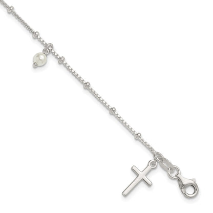 Sterling Silver Polished and Beaded Glass Pearl and Cross Bracelet