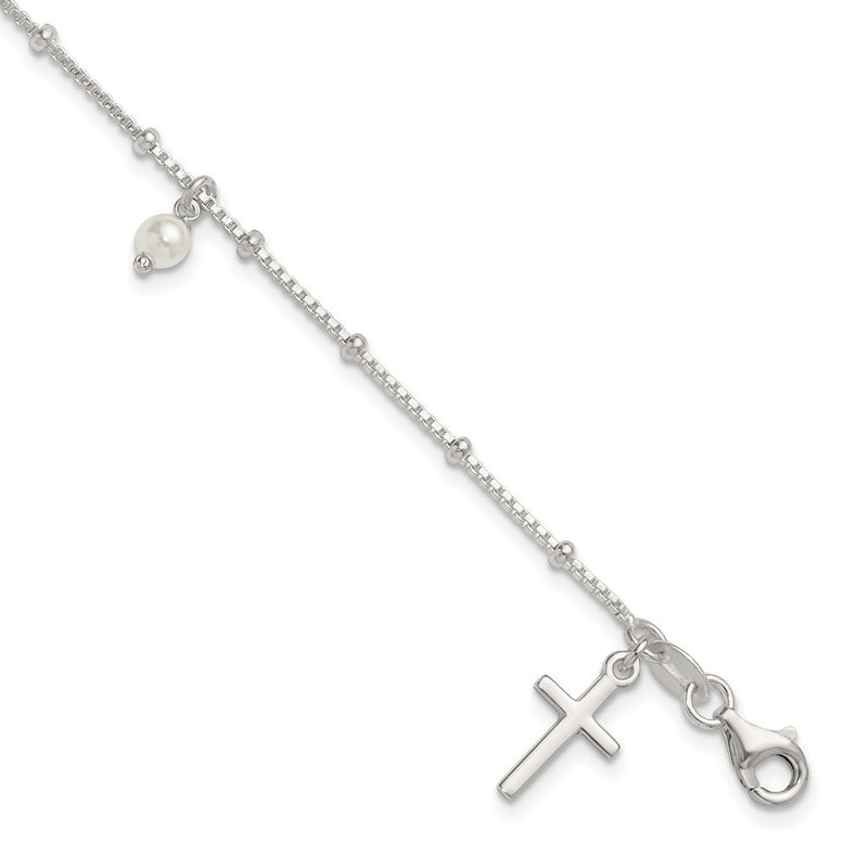 Sterling Silver Polished and Beaded Glass Pearl and Cross Bracelet