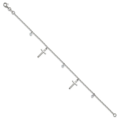 Sterling Silver Polished CZ Cross Bracelet