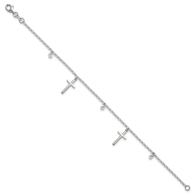 Sterling Silver Polished CZ Cross Bracelet