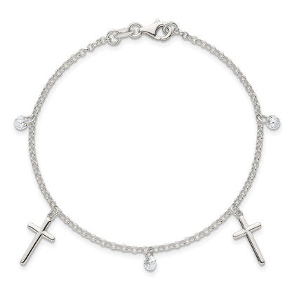 Sterling Silver Polished CZ Cross Bracelet