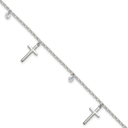 Sterling Silver Polished CZ Cross Bracelet