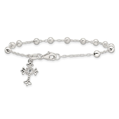 Sterling Silver Polished and Beaded CZ Cross Bracelet