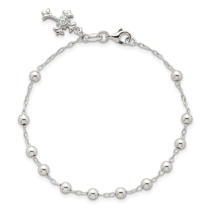 Sterling Silver Polished and Beaded CZ Cross Bracelet