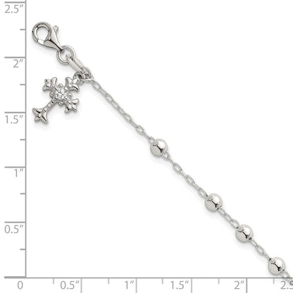 Sterling Silver Polished and Beaded CZ Cross Bracelet