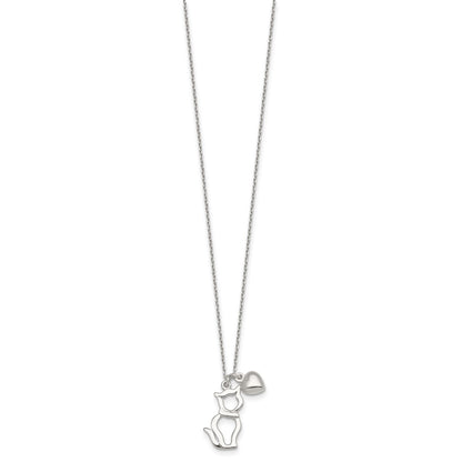 Sterling Silver Polished Cat Silhouette and Heart Necklace