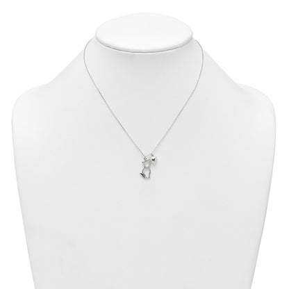 Sterling Silver Polished Cat Silhouette and Heart Necklace