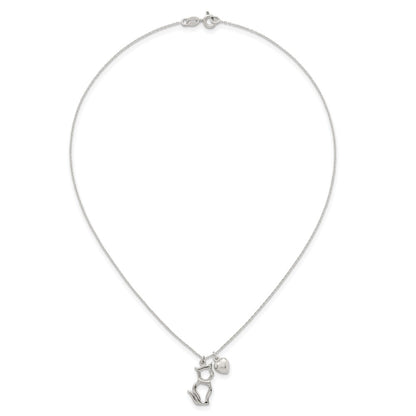 Sterling Silver Polished Cat Silhouette and Heart Necklace