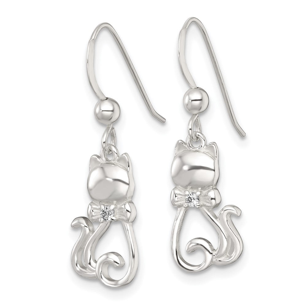 Sterling Silver Polished CZ Cat Silhouette with Bowtie Dangle Earrings