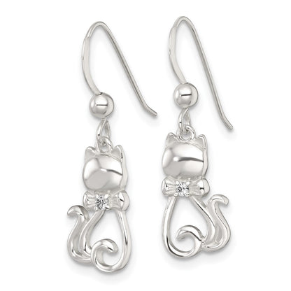 Sterling Silver Polished CZ Cat Silhouette with Bowtie Dangle Earrings