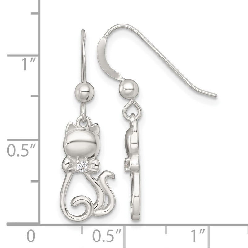 Sterling Silver Polished CZ Cat Silhouette with Bowtie Dangle Earrings