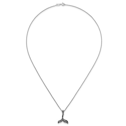 Sterling Silver Rh-Plt Polished Oxidized Filigree Whale Tail 18in Necklace