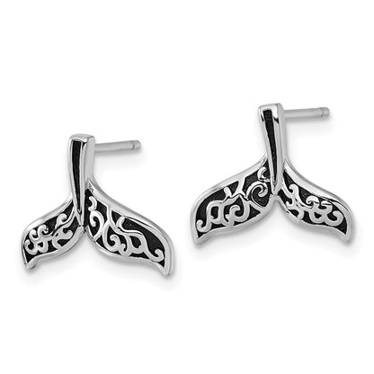 Sterling Silver Rhodium Plated Oxidized Filigree Whale Tail Post Earrings