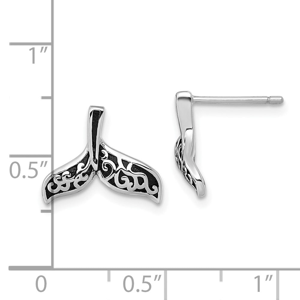Sterling Silver Rhodium Plated Oxidized Filigree Whale Tail Post Earrings
