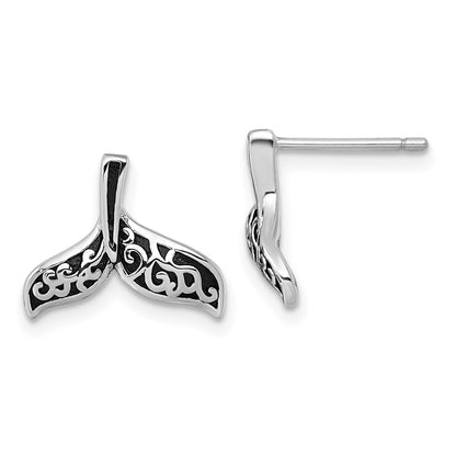 Sterling Silver Rhodium Plated Oxidized Filigree Whale Tail Post Earrings