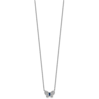 Sterling Silver Rhodium Plated CZ and Glass Butterfly 16in W/ 2in Ext Necklace