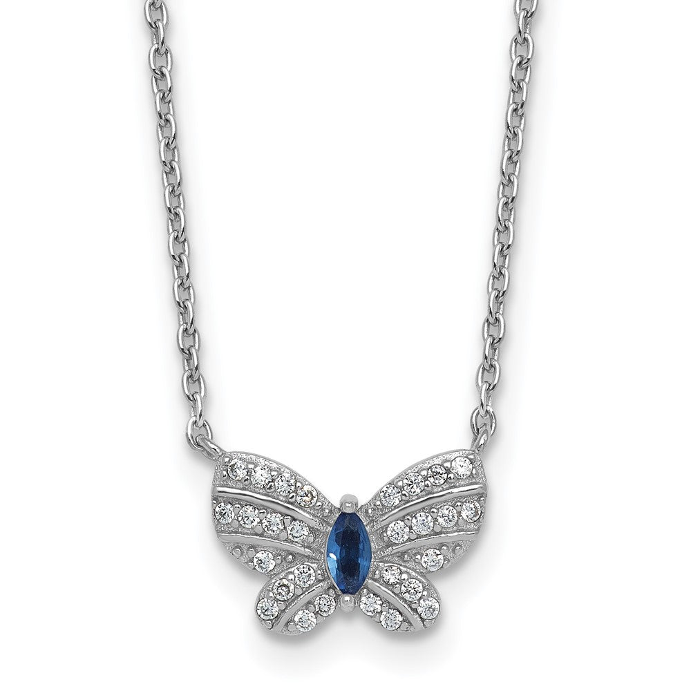 Sterling Silver Rhodium Plated CZ and Glass Butterfly 16in W/ 2in Ext Necklace