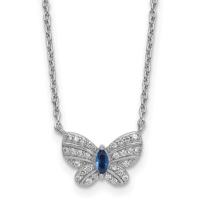 Sterling Silver Rhodium Plated CZ and Glass Butterfly 16in W/ 2in Ext Necklace