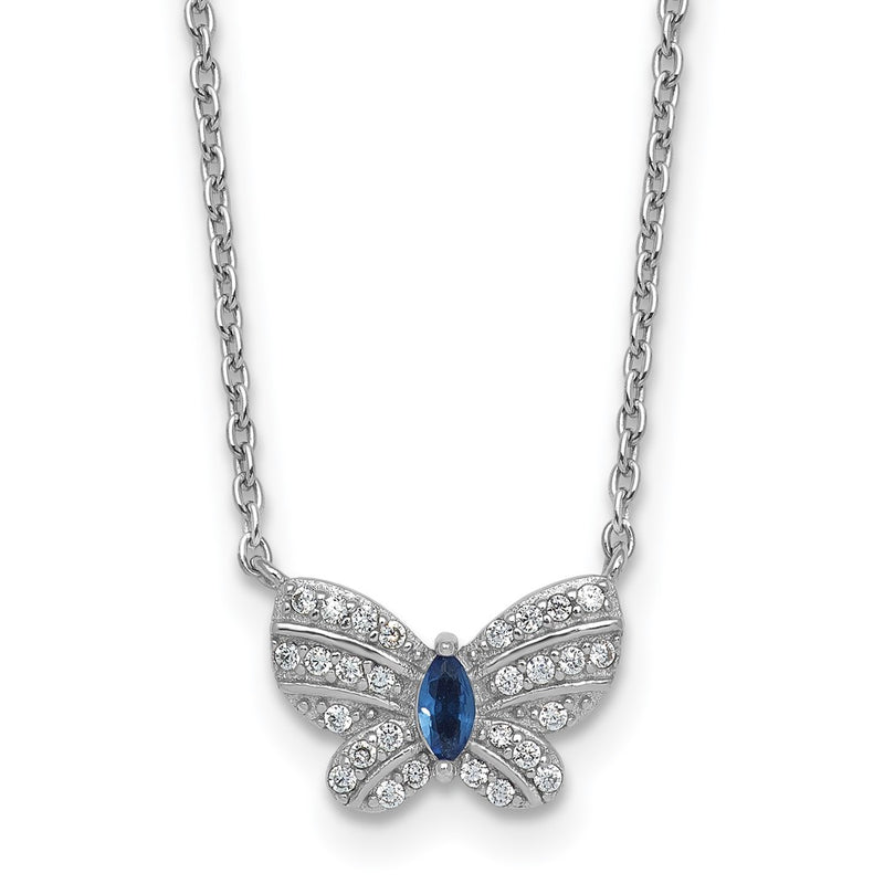 Sterling Silver Rhodium Plated CZ and Glass Butterfly 16in W/ 2in Ext Necklace