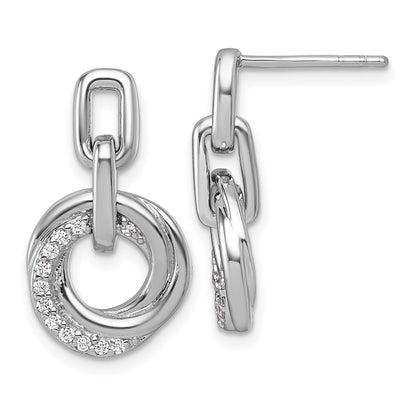 Sterling Silver Rhodium-Plated CZ Circle Twist Dangle Post Earrings