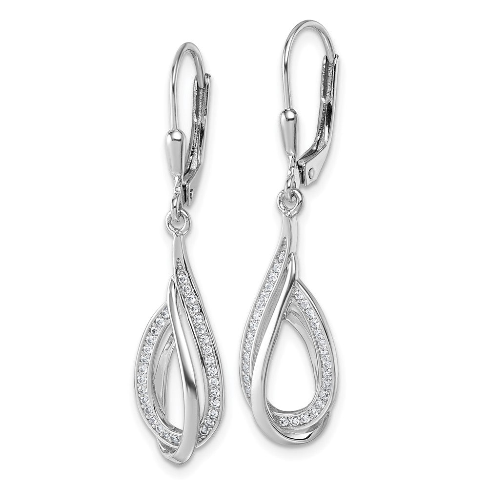 Sterling Silver Rhodium-Plated CZ Polished Tear Drop Leverback Earrings