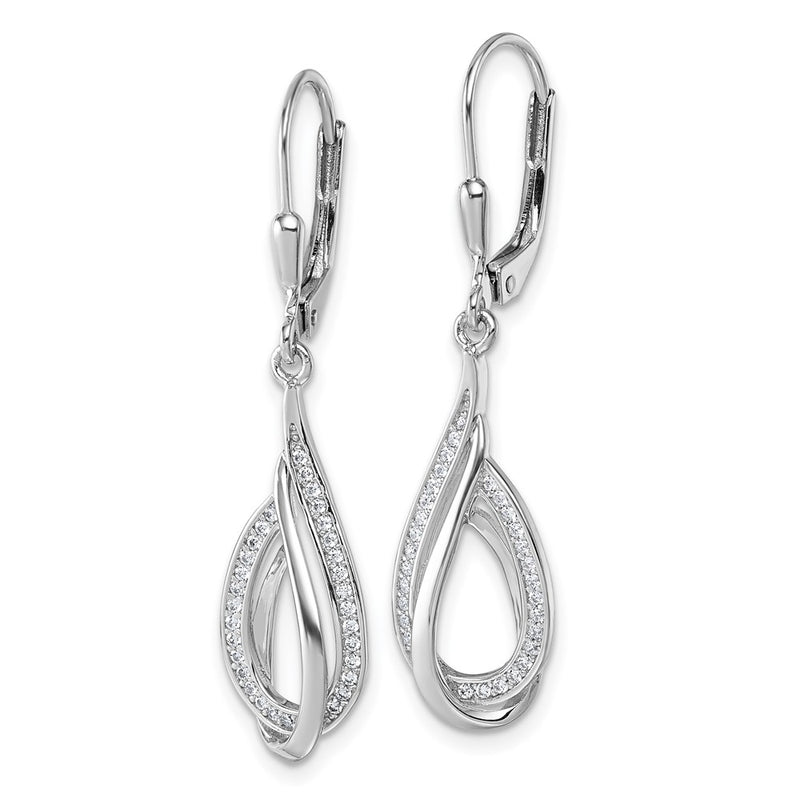 Sterling Silver Rhodium-Plated CZ Polished Tear Drop Leverback Earrings