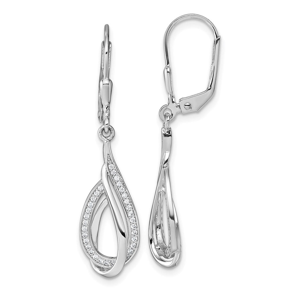 Sterling Silver Rhodium-Plated CZ Polished Tear Drop Leverback Earrings