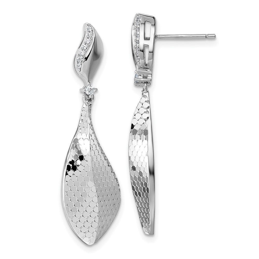 Sterling Silver Rhodium-Plated CZ Textured Tear Drop Dangle Post Earrings
