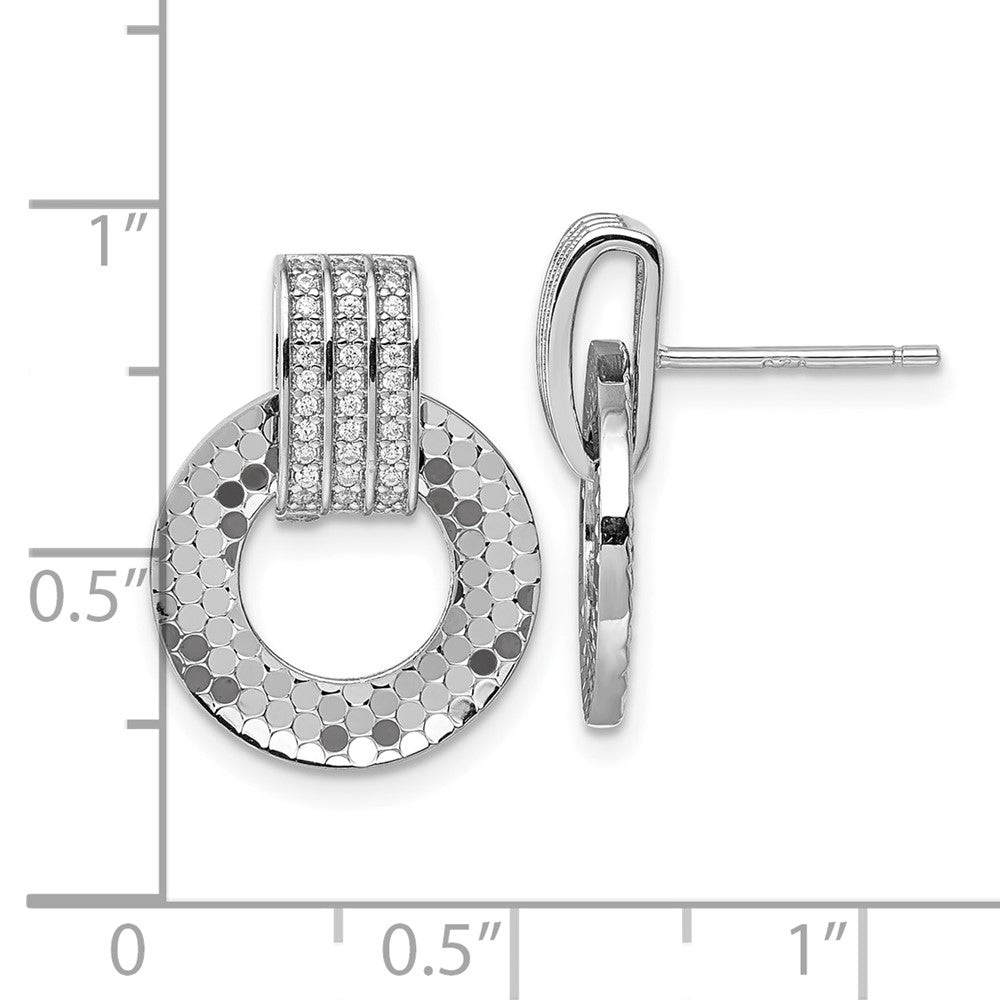 Sterling Silver Rhodium Plated CZ Textured Moveable Circle Dangle Post Earrings