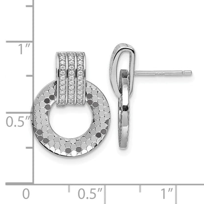 Sterling Silver Rhodium Plated CZ Textured Moveable Circle Dangle Post Earrings