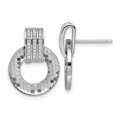 Sterling Silver Rhodium Plated CZ Textured Moveable Circle Dangle Post Earrings