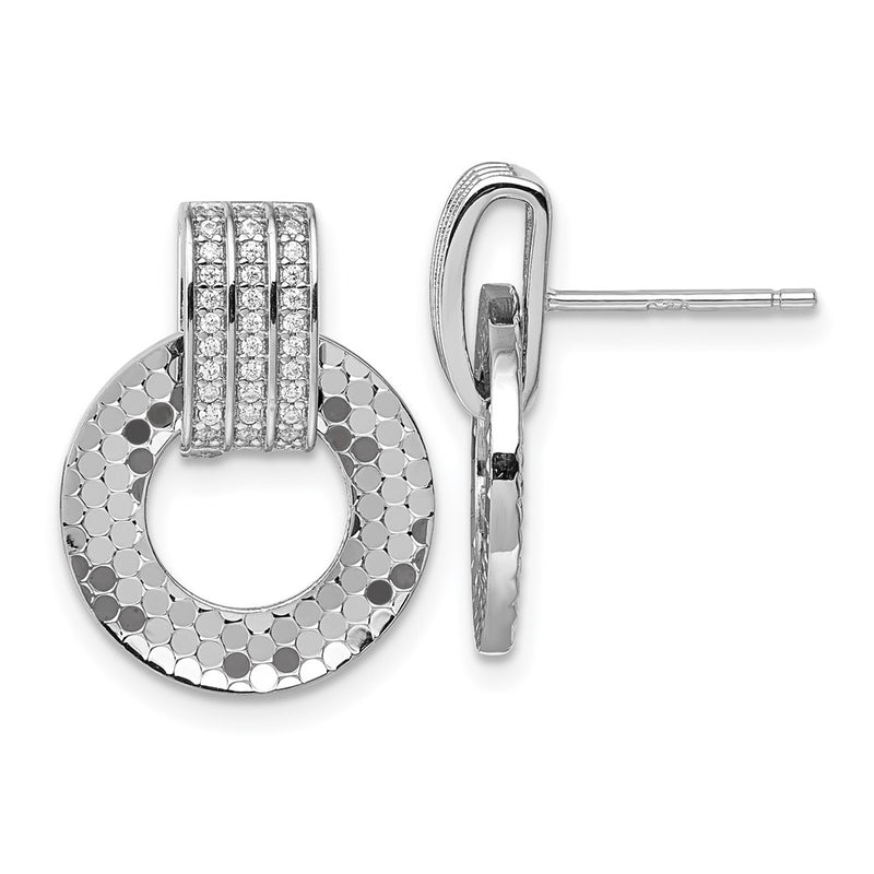 Sterling Silver Rhodium Plated CZ Textured Moveable Circle Dangle Post Earrings