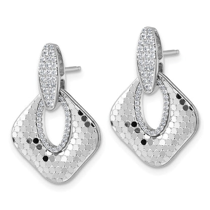 Sterling Silver Rhodium-Plated CZ Textured Dangle Post Earrings