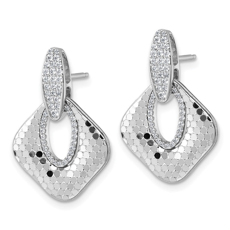 Sterling Silver Rhodium-Plated CZ Textured Dangle Post Earrings