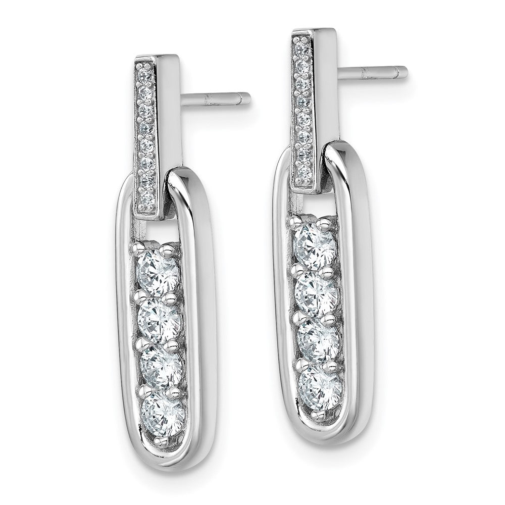 Sterling Silver Rhodium Plated CZ Elongated Oval Post Dangle Earrings
