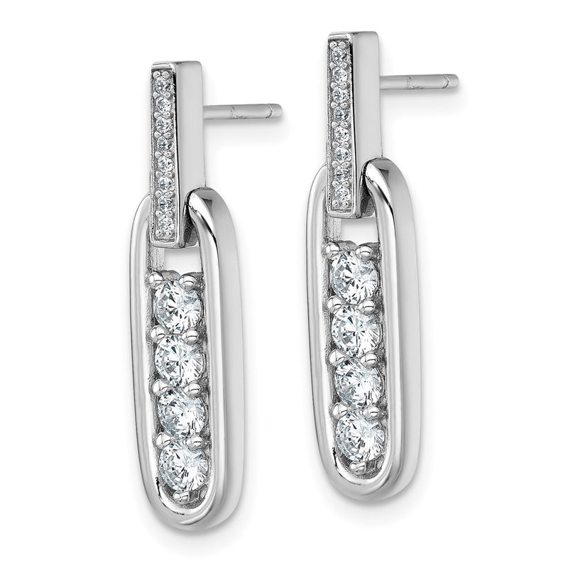 Sterling Silver Rhodium Plated CZ Elongated Oval Post Dangle Earrings