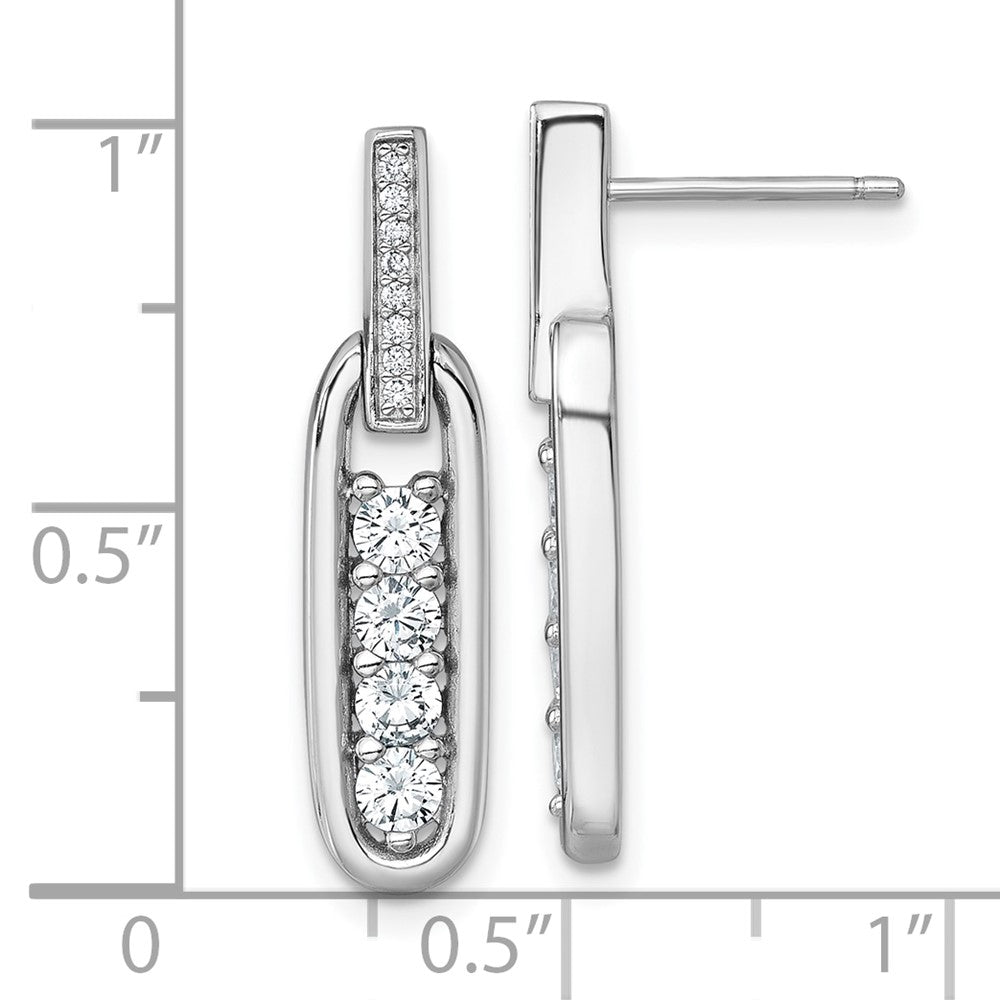 Sterling Silver Rhodium Plated CZ Elongated Oval Post Dangle Earrings