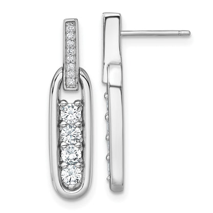Sterling Silver Rhodium Plated CZ Elongated Oval Post Dangle Earrings