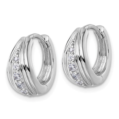Sterling Silver Rhodium-Plated Grooved CZ Polished Hoop Earrings