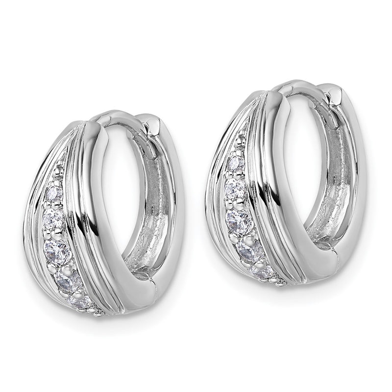 Sterling Silver Rhodium-Plated Grooved CZ Polished Hoop Earrings