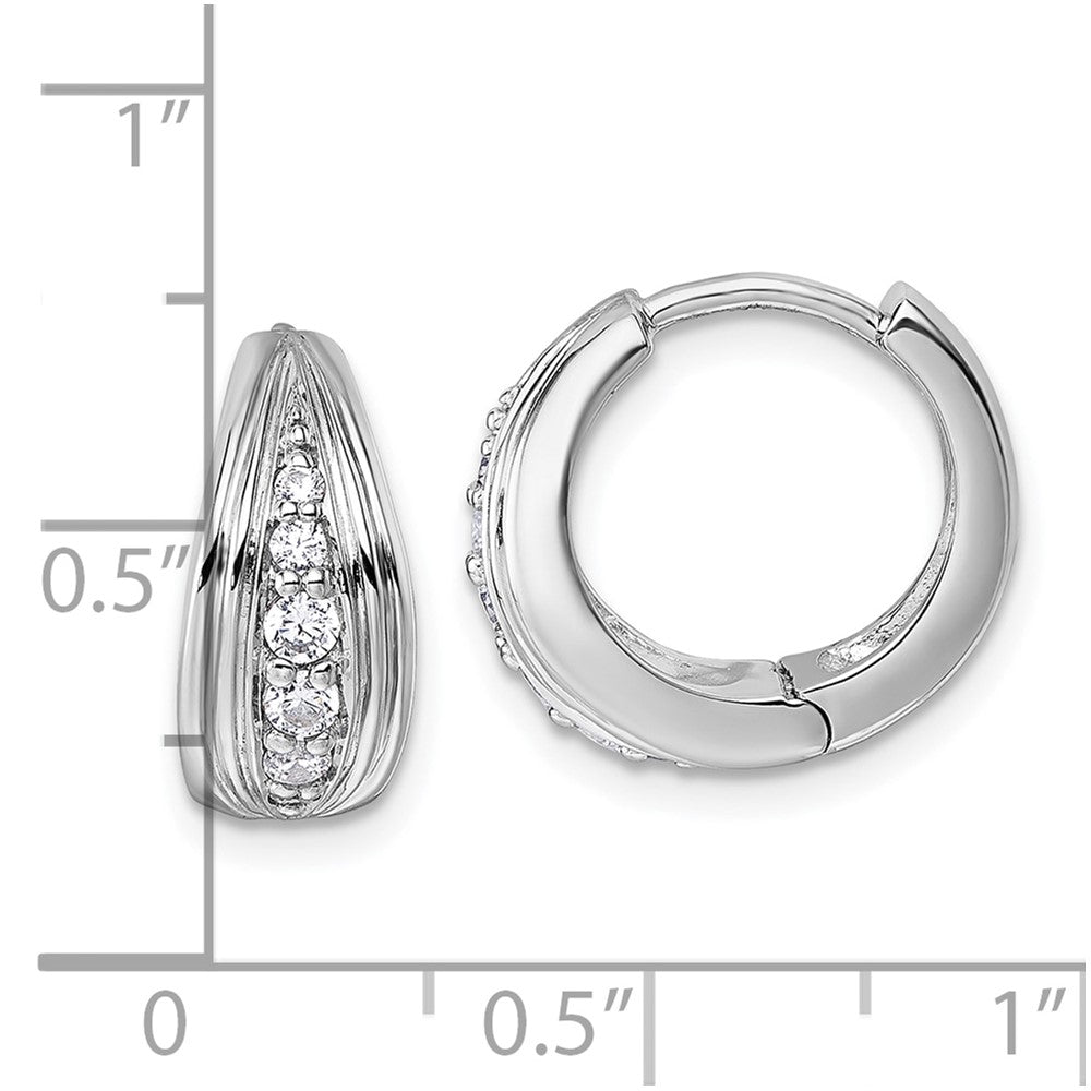 Sterling Silver Rhodium-Plated Grooved CZ Polished Hoop Earrings