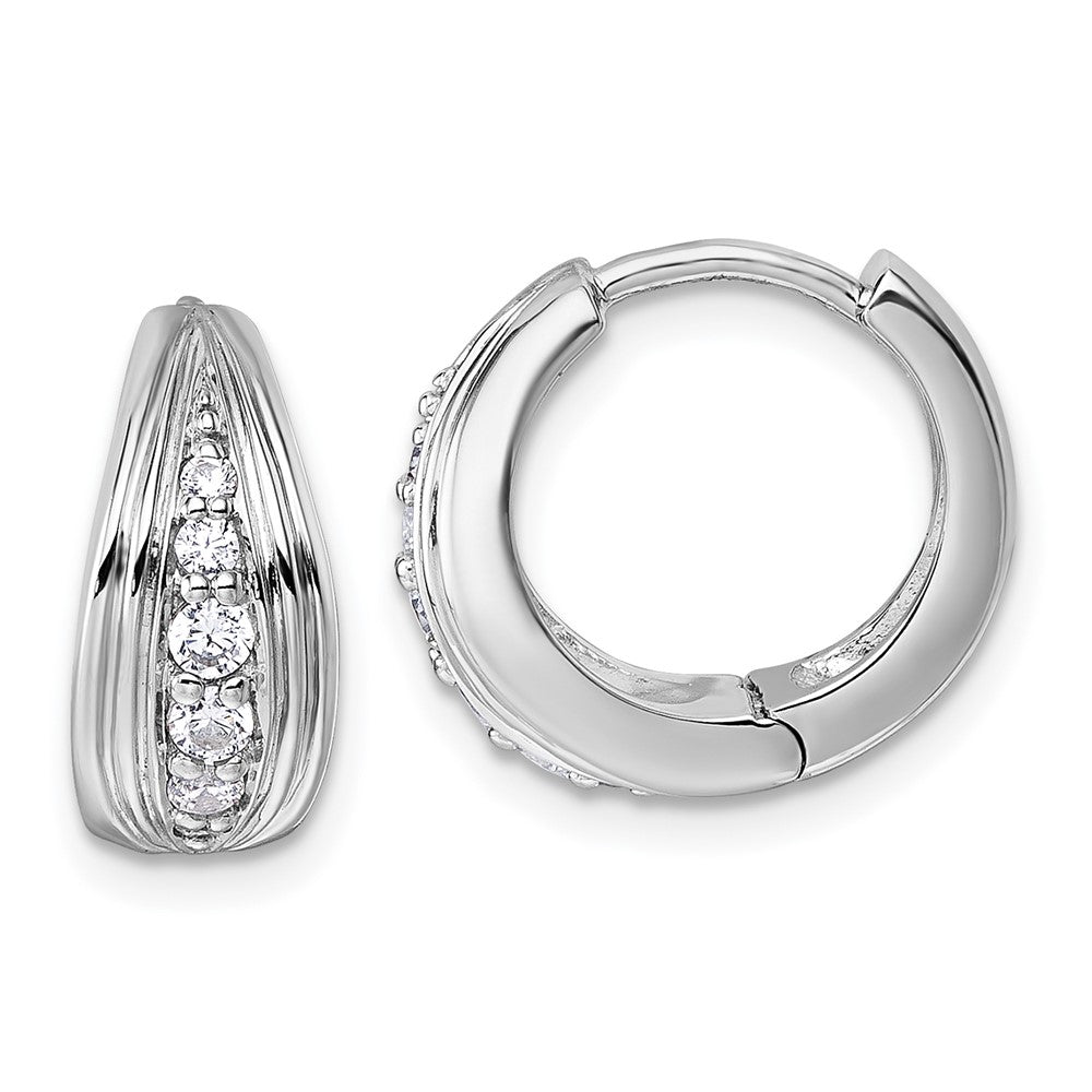 Sterling Silver Rhodium-Plated Grooved CZ Polished Hoop Earrings