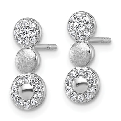 Sterling Silver Rhodium-Plated Polished and Satin CZ Circles Post Earrings