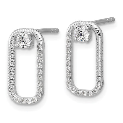 Sterling Silver Rhodium-Plated CZ Textured Rectangle Post Earrings