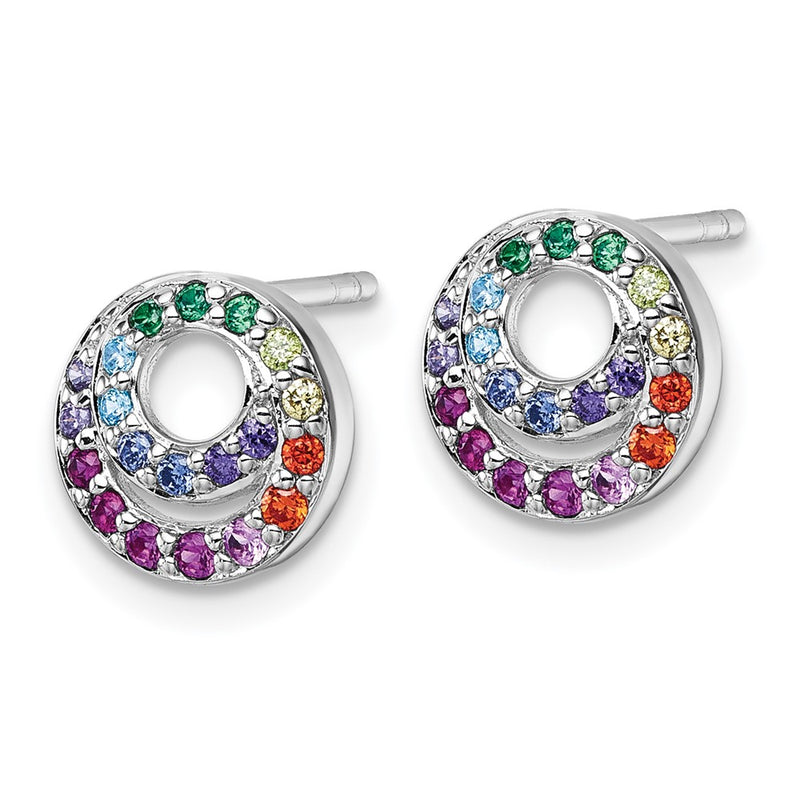 Sterling Silver Rhodium Plated Multi Color CZ Double Circle Post Earrings