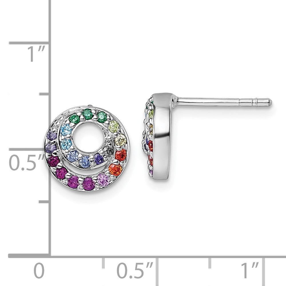 Sterling Silver Rhodium Plated Multi Color CZ Double Circle Post Earrings