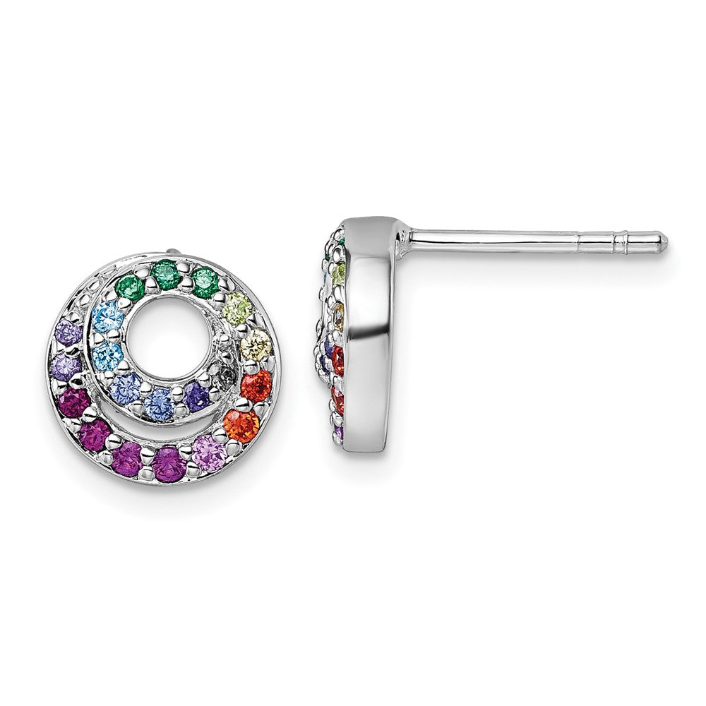 Sterling Silver Rhodium Plated Multi Color CZ Double Circle Post Earrings