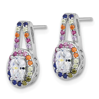 Sterling Silver Rhodium-Plated Multicolor CZ Oval Halo Post Earrings