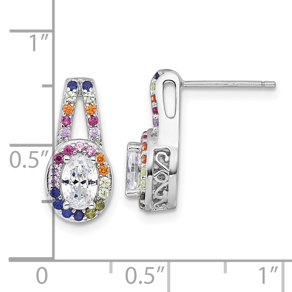 Sterling Silver Rhodium-Plated Multicolor CZ Oval Halo Post Earrings